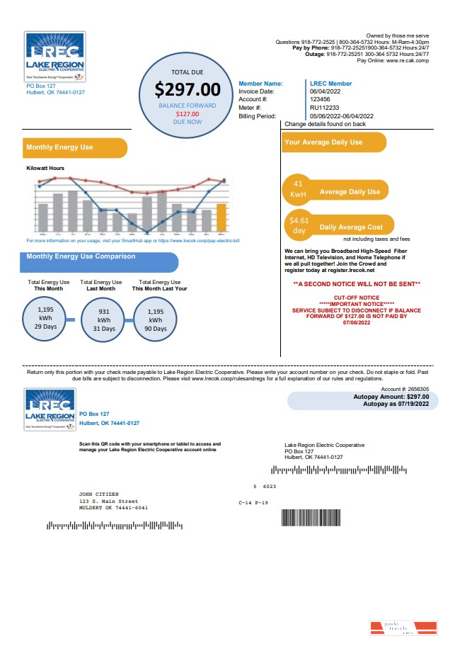 USA Oklahoma LREC Lake Region utility bill template in Word and PDF format